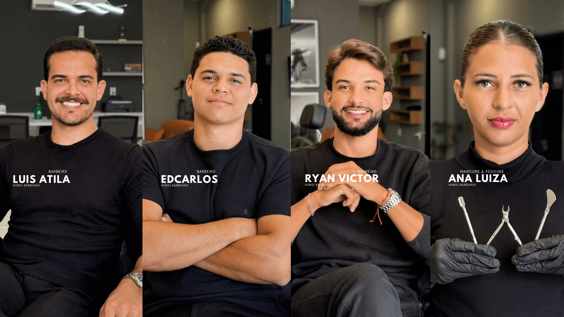 Equipe Hunos: barbeiros Luis Atila, Edcarlos e Ryan Victor, e Ana Luiza, manicure e pedicure
